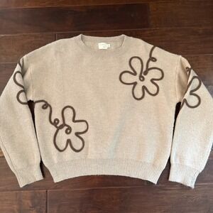 Dreamers By Debut Floral Doodle Drop Shoulder Sweater Beige Brown Size Large